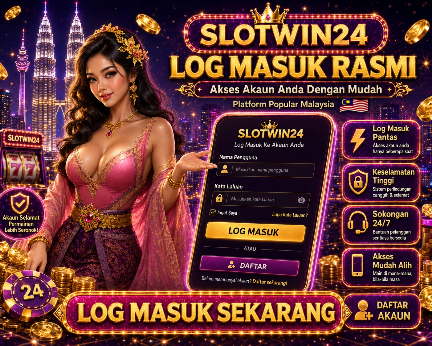 Log masuk selamat slotwin24 Skrin log masuk mudah alih dengan ruang nama pengguna, ruang kata laluan, pautan pemulihan dan petunjuk akaun selamat untuk slotwin24